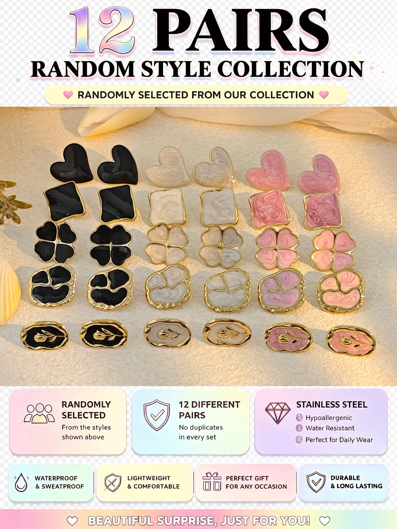 12 Pairs Random Style Stainless Steel Stud Hoop Earrings Set, Colorful Summer Jewelry Gift for Women, Lightweight Daily Wear