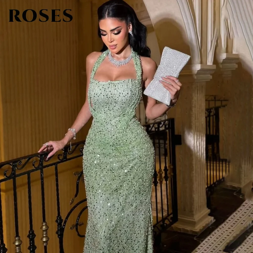 ROSES paillettes vert menthe robe de soirée licou paillettes robe de bal trompette sans manches robe de soirée de mariage robes de soirée personnalisées