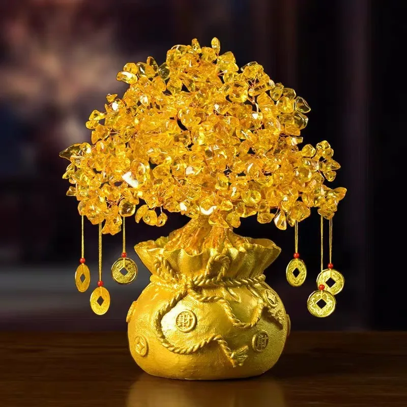 Lucky Tree Wealth Yellow Crystal Natural Money Ornaments Bonsai Style Luck Feng Shui Craft Citrine Tree for Bringing Wealth True
