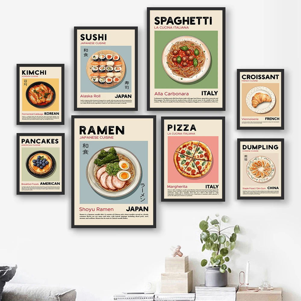 Küche Essen Poster Pizza Ramen Sushi Spaghetti Kimchi Pfannkuchen Croissant Knödel Wandkunst Leinwanddruck für Esszimmerdekoration