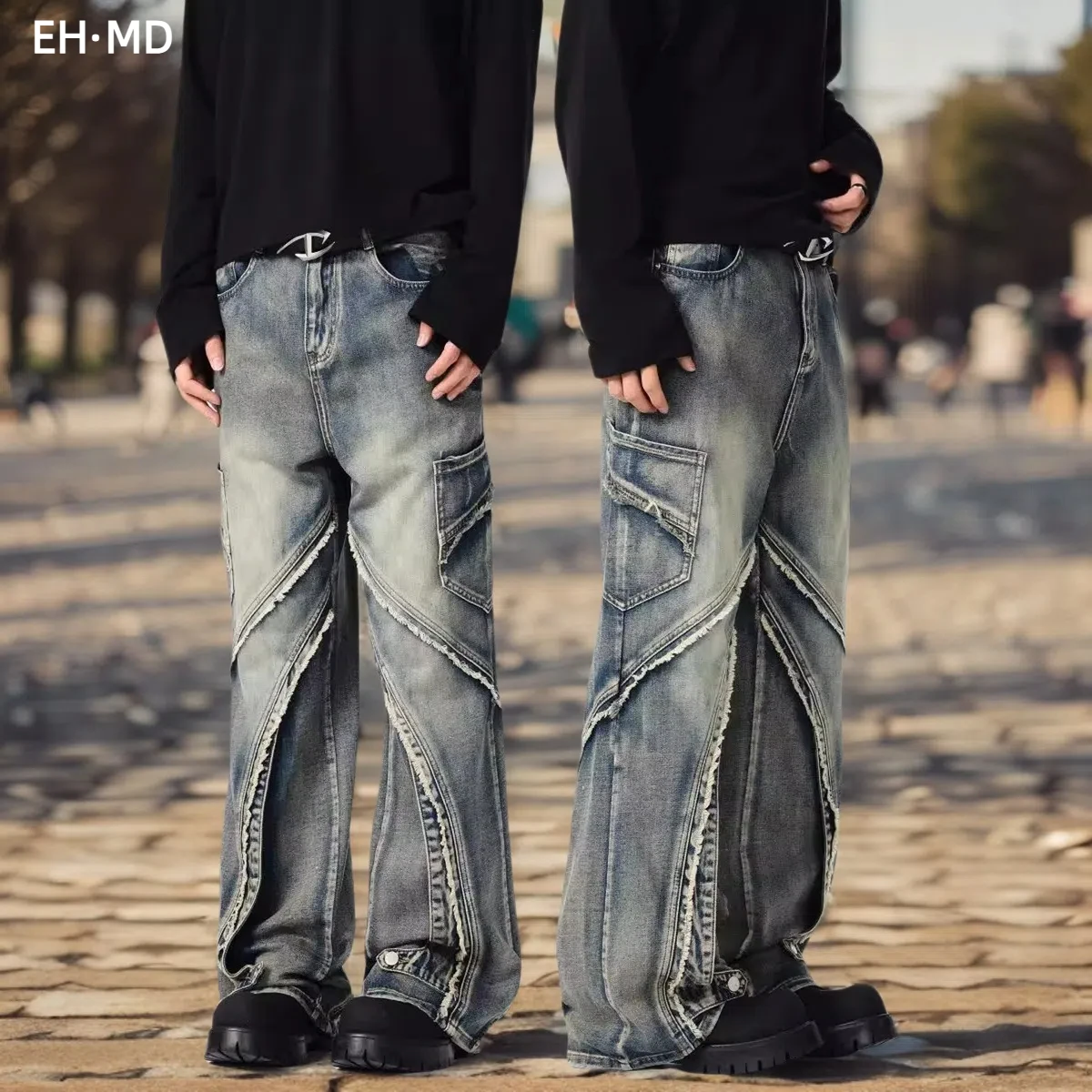 EH·MD® Micro Flared Pants Jeans Men's Cotton Soft Small Straight High Street Large Pocket Splicing Pants 3D Slit Motorcycle 2025