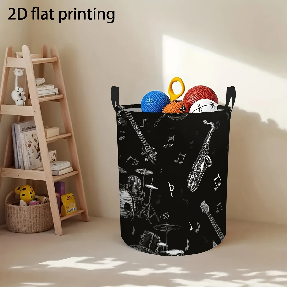 Large Round Storage Basket with Music Note Guitar Drum Print Portable Foldable Hamper Suitable Laundry Dorm  Room Heavy