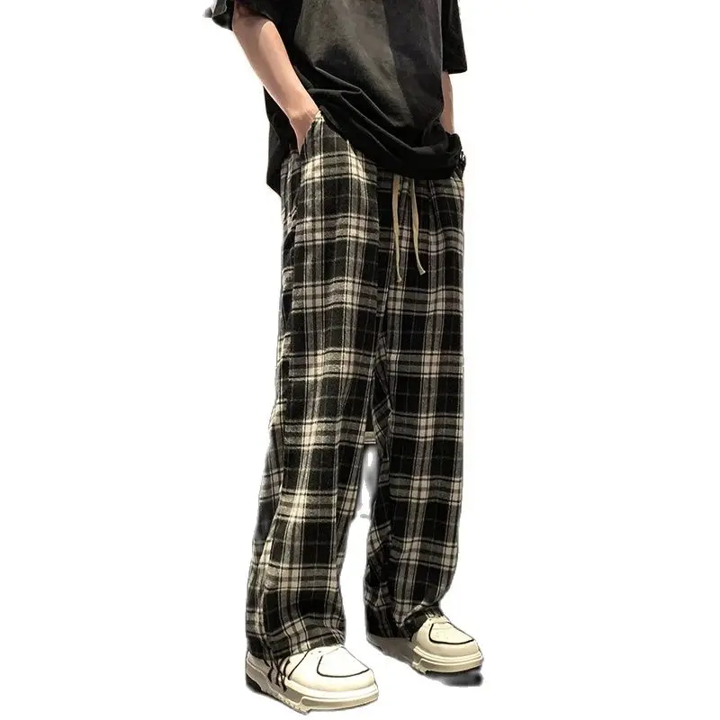 

Vintage Men's Plaid Pants Drastring Waist Casual Long Check Trousers Black White Contrast Straight Mens Pant