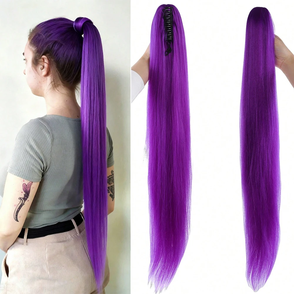 

Синтетический парик-хвост 32 дюйма, фиолетовый, с супердлинными прямыми прядями на заколке-крабе, для вечеринок, для женщин, на Рождество