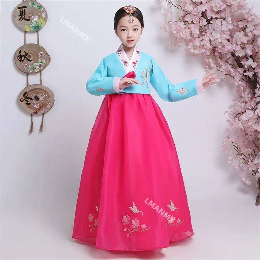 Traditional Korean Clothing Girls Hanbok Embroidery Long Sleeve Ancient Dance Costume Stage Performance Retro Court Dress