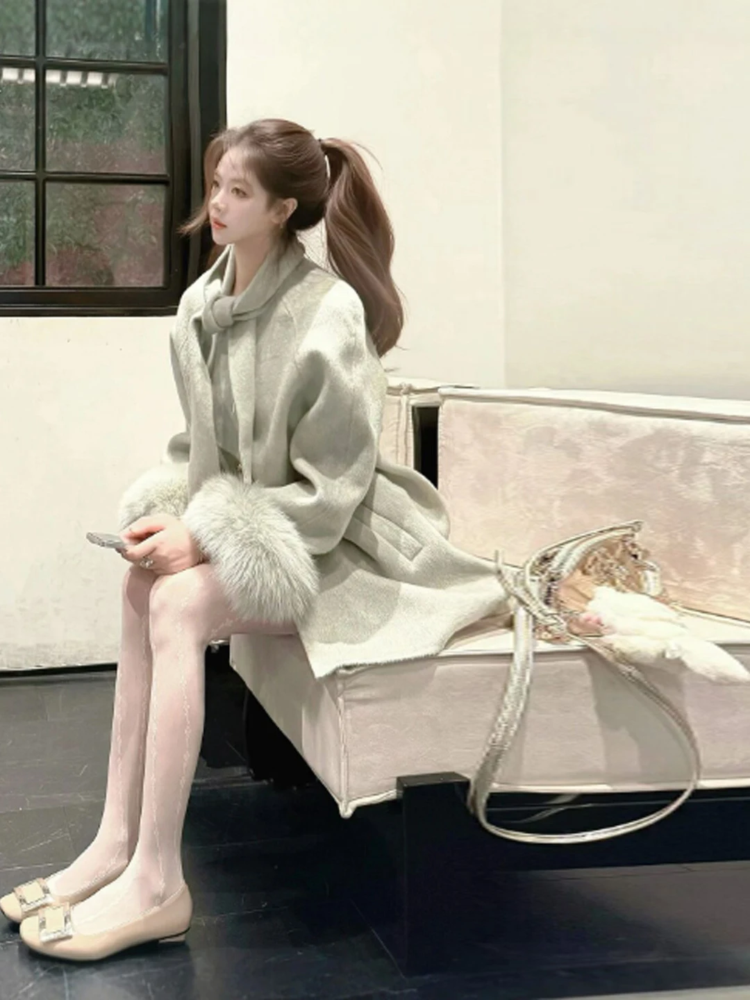 

Ele Mid-Length Loose Woolen Coat Gentle Sle Faionable Winter Outerwear French Sle Long Sve round Ne Coat