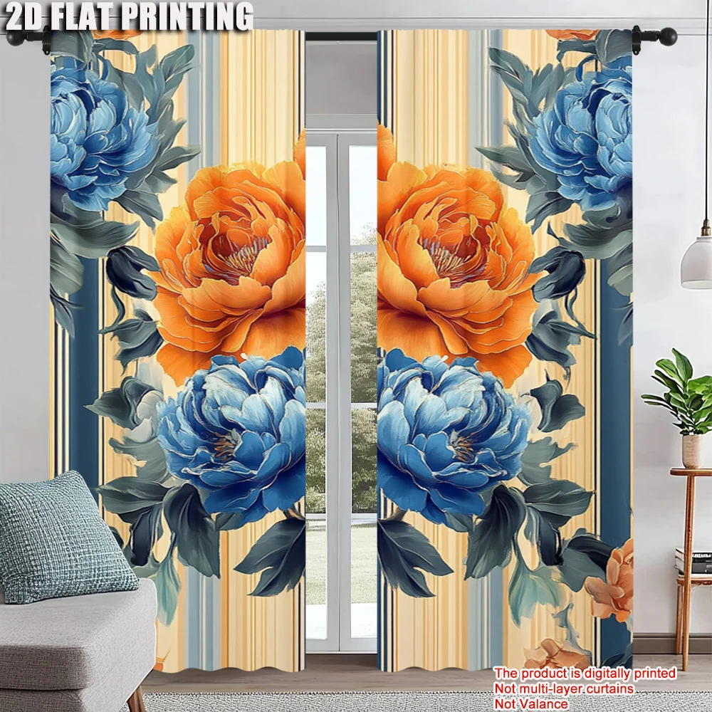 

2Pcs Elegant Orange Blue Floral Curtains Rod Hole Design For Living Room Bedroom Decor Machine Washable Sun Privacy