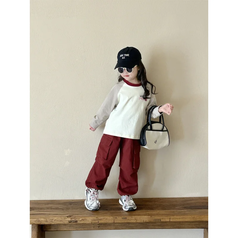 Girls' Long SleevesTT-shirt2024Autumn Children's Cotton Base Shirt Little Girl Letter Loose Top Overalls