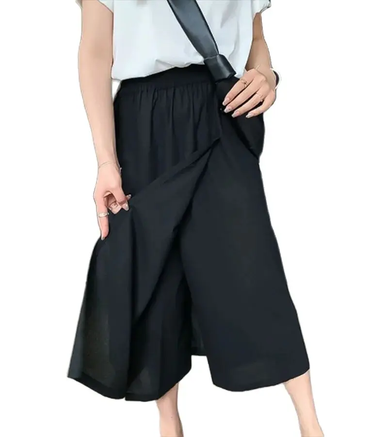 

2024 Summer Slight Strech Loose Black Khaki Midi Skirt Natural Waist For Junior And Middle Age Women Female Causal Style