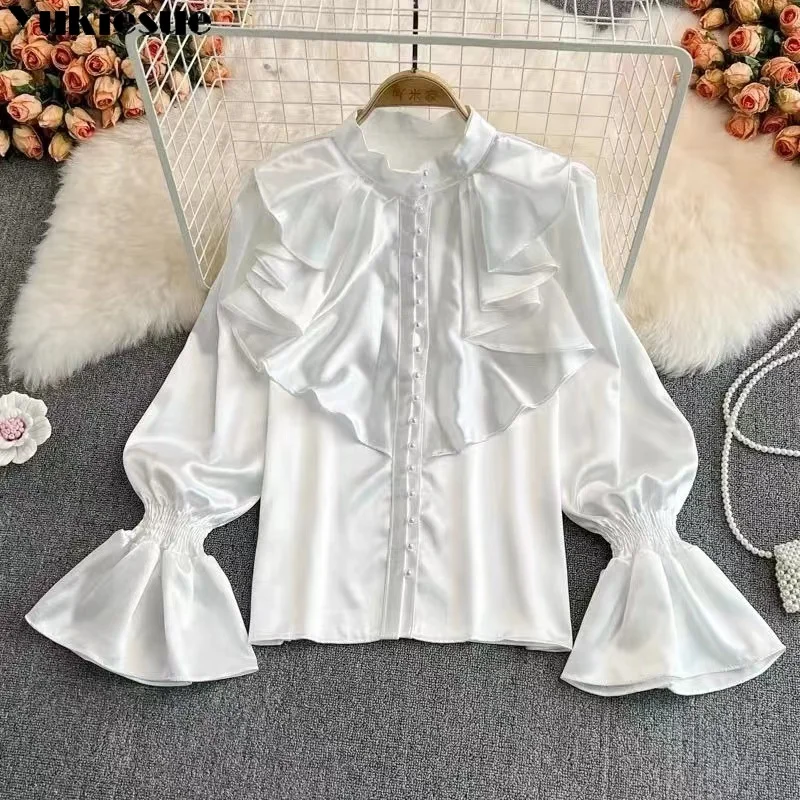 

blous women 2024 Casual Satin Shirt Stand Collar Single Breasted Ladies Blouses Ruffles Trumpet Sleeve Fashion Women's Loose Top