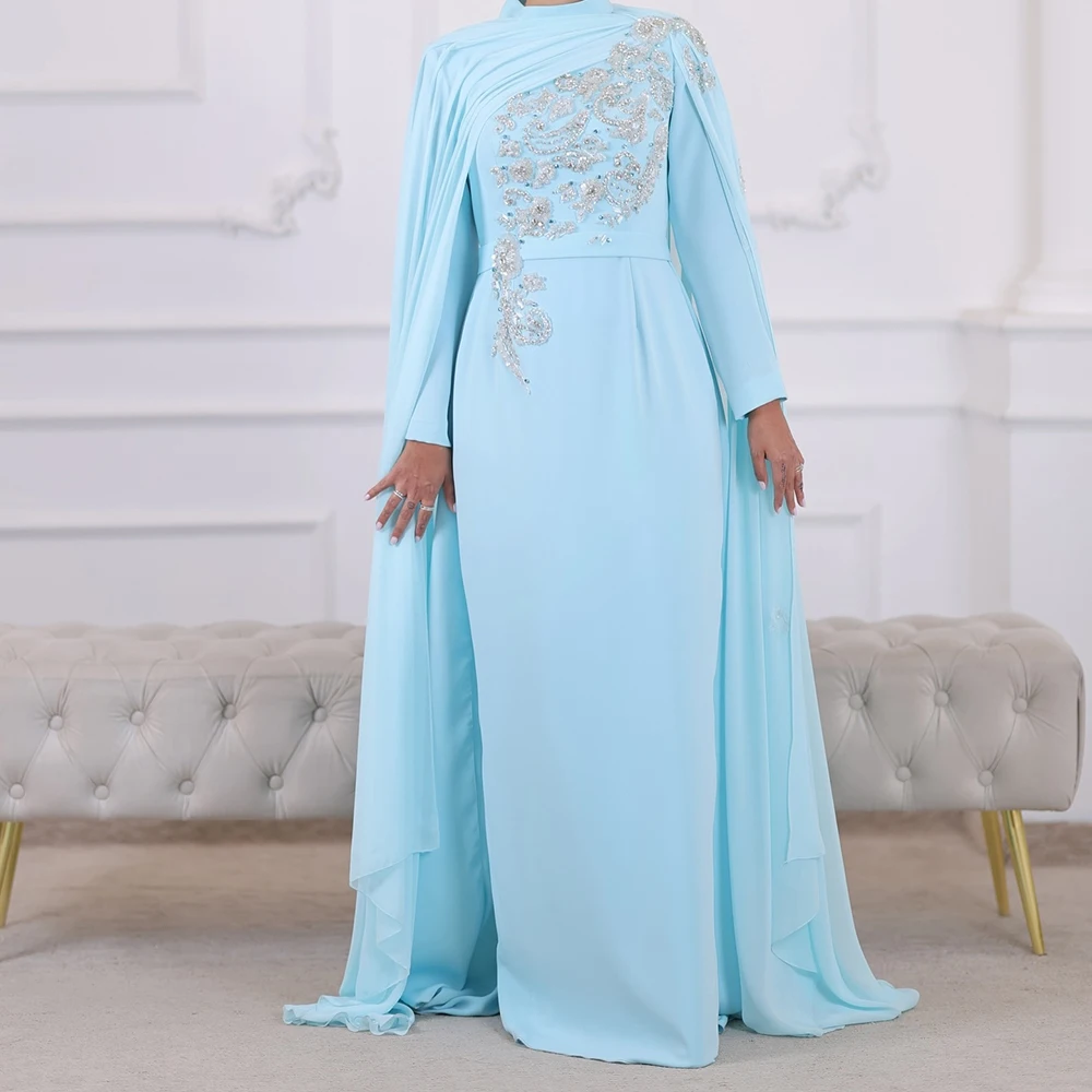 Customized Straight Evening Dresses Floor-length High-neck Full Sleeve Prom Gown Fashion Crystal Simple Stole Draped Party Gown