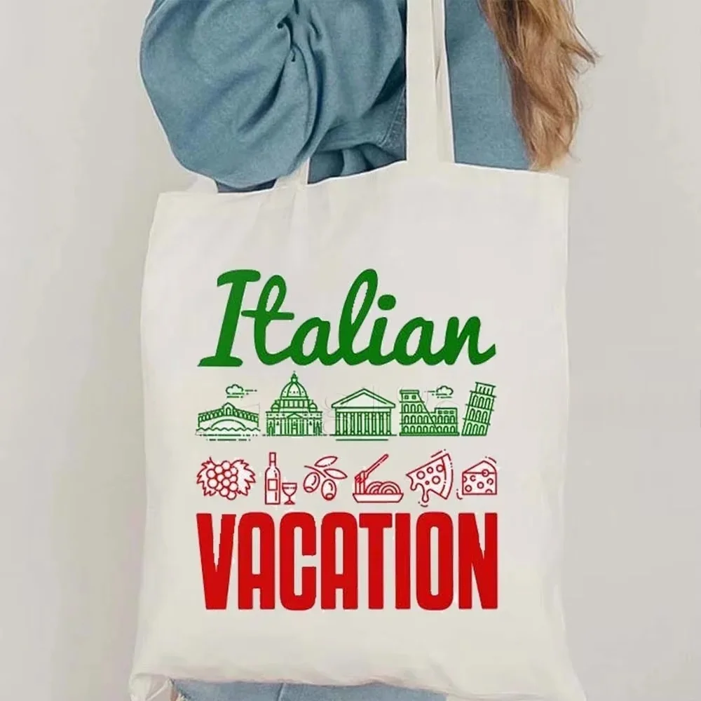Sacola de Lona Italiana com Estampa Divertida 'Ciao Bella', Bandeira da Itália, Coliseu de Roma, Florença, Panorama Italiano, Bolsa Casual Feminina