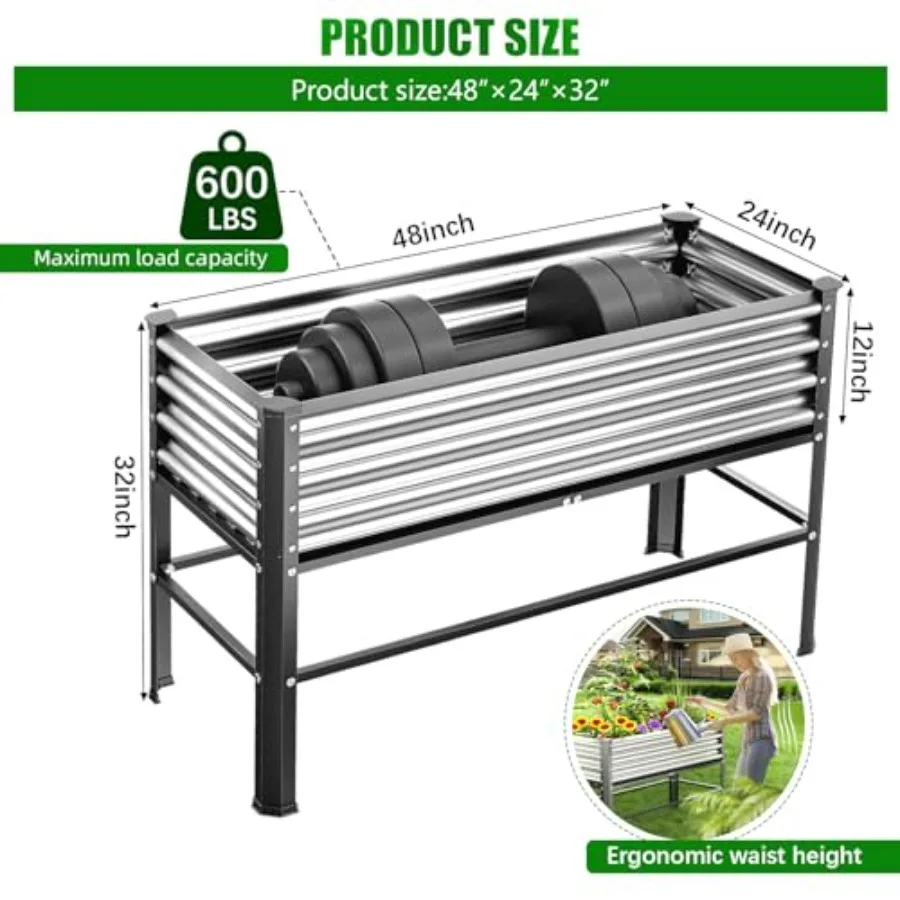 2PCS Raised Garden Bed with Legs, Large Outdoor Metal Galvanized Garden Planting Box, 600lb Capacity for Vegetables Lawn Green