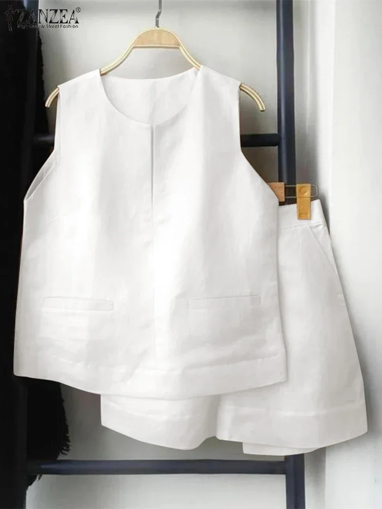 

ZANZEA Casual Loose Sleeveless Tank and Shorts Women Summer 2pcs Short Sets Fashion Solid Tracksuit Sexy Pocket Matching Suits
