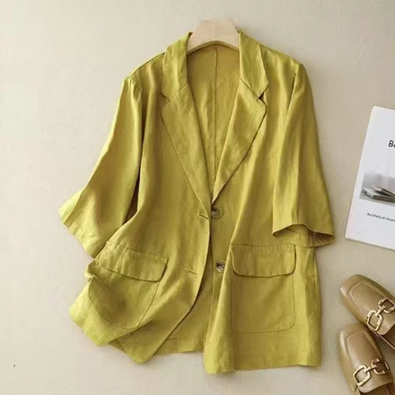 

Women's 3/4 Sleeve Cotton Linen Suit Coat Spring Summer Vintage Button-Up V-neck Jacket Cardigan Elegant Yellow Blue Khaki Top