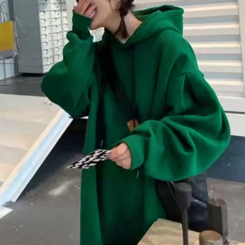 Übergroßes, dickes, mit Kapuze versehenes Midikleid, lockere Winterjacke, warme Damen-Oversize-Jacke, langer Hoodie, lässiger Fleece-Sweatshirt-Mantel, Oberbekleidung – Detail 11