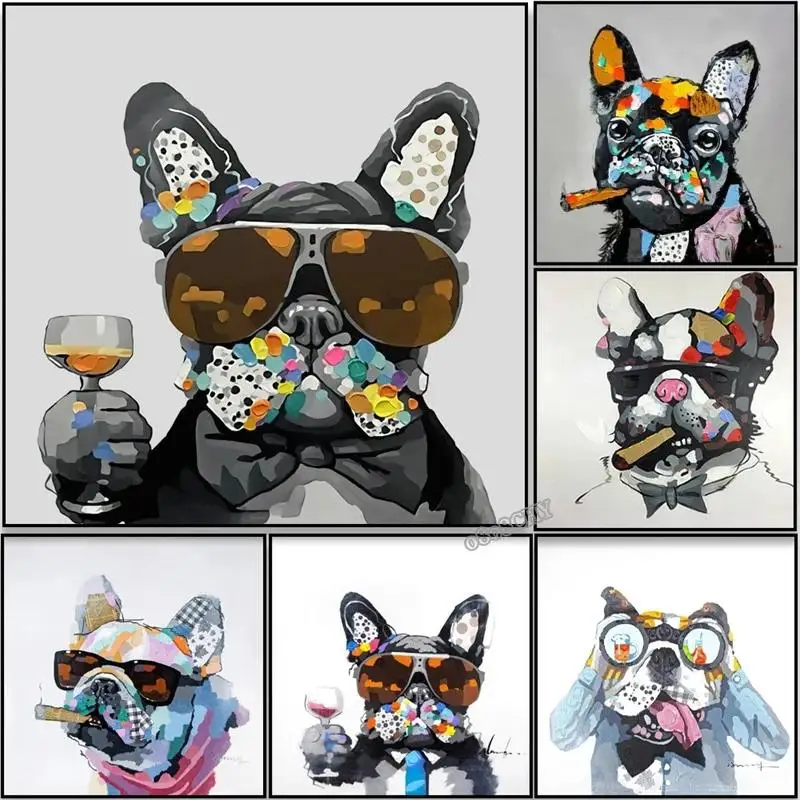 Smoking French Bulldog Canvas Print  Abstract Graffiti Wall Art for Living Room Decor Cool Dog Poster