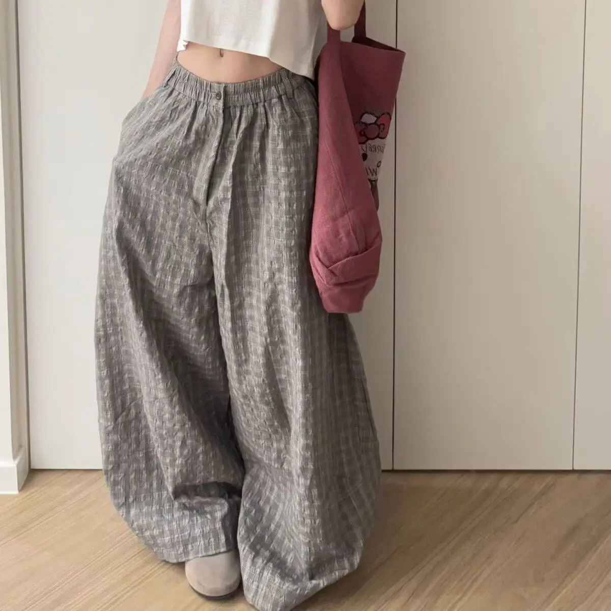 Commuter Bubble Grid Texture Wide-leg Pants Women's Elastic Waist Loose Lazy Wind Breathable Versatile Scimitar Casual Trousers