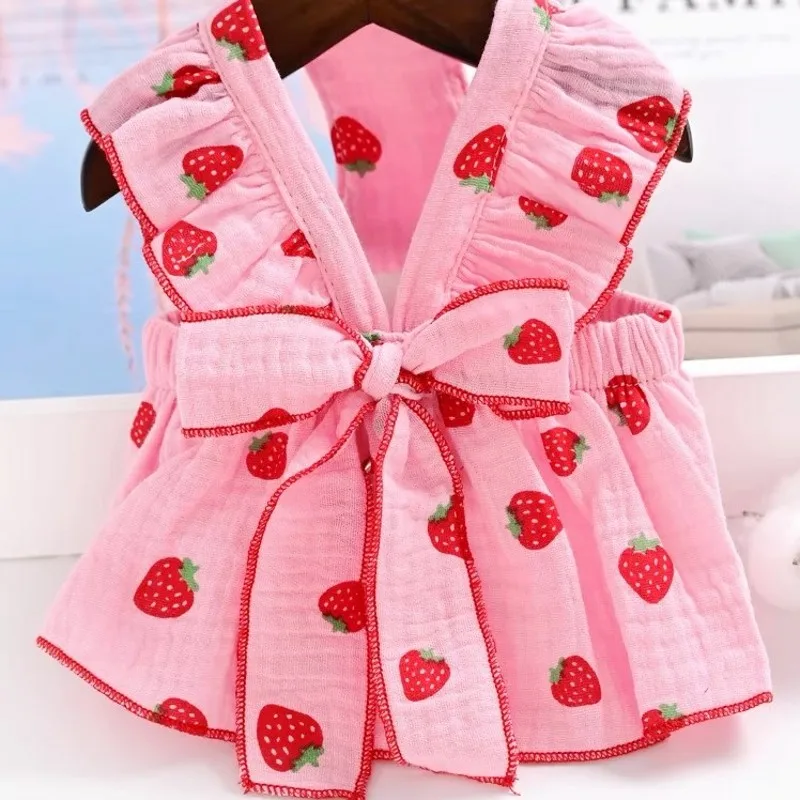 Strawberry Dress with Bow Lace for Pets, Dog Clothes, Puppy Costume, Chihuahua, French Bulldog Clothing, Cat, Cute, Summer, 2024