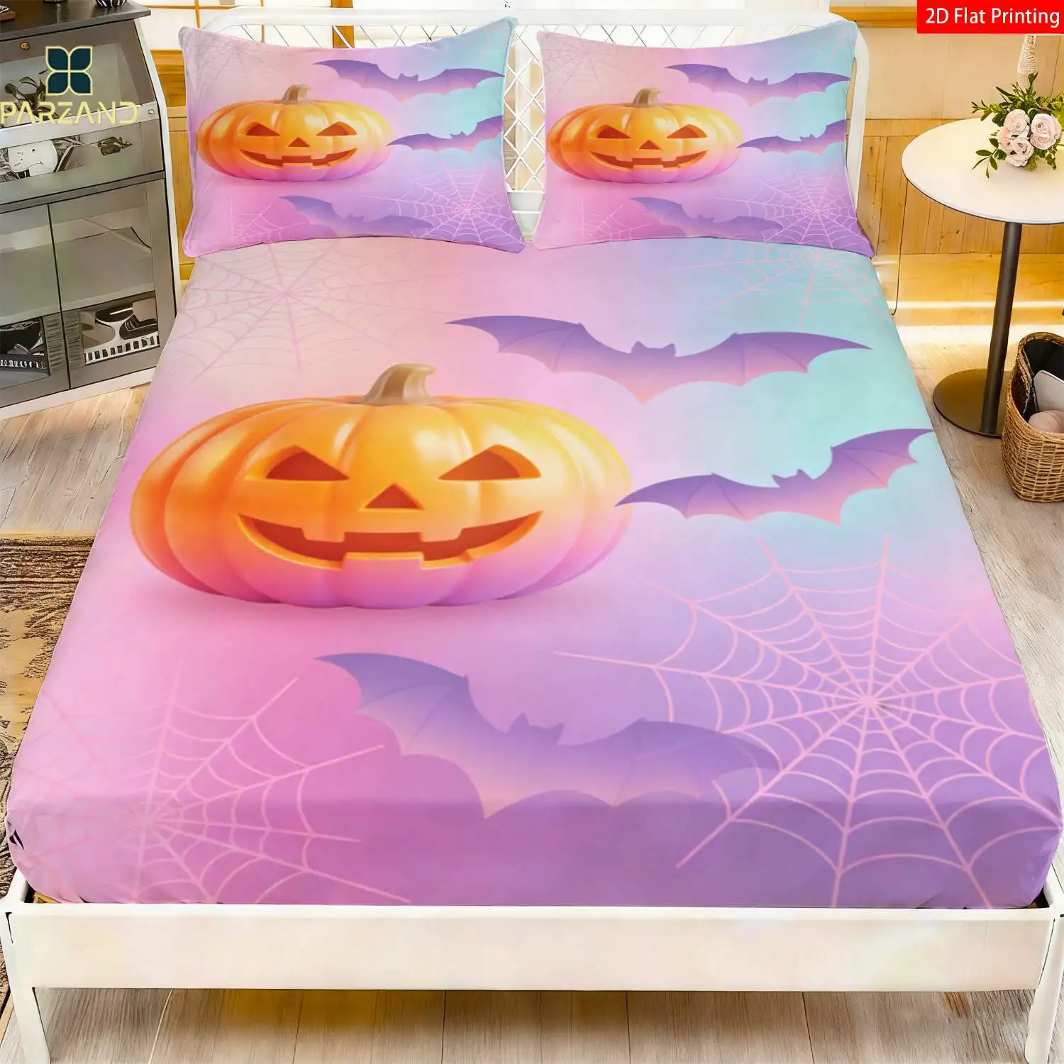 2D Printed Fitted Sheets in Macaron Colors, Bat and Pumpkin Designs, Bedroom Decoration, Thanksgiving 3-Piece Bedding Set, Various Sizes, Suitable as a Gift, 3-Piece Bedding Set (Includes 1 Fitted Sheet + 2 Pillowcases), Large Capacity Deep Bed Cover, Fitted Sheet Style with Elastic Band, Protective Cover, Mattress Protector, Machine Washable Design, Holiday Decoration, Various Sizes, Breathable Protective Cover with Pillowcases