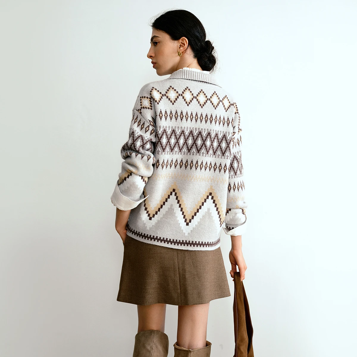 OLrain Women's Knitted Sweaters 2025 Autumn Turn-down Collar Long Sleeve Sweater Pullover Vintage Loose Female Tops O57QM000659