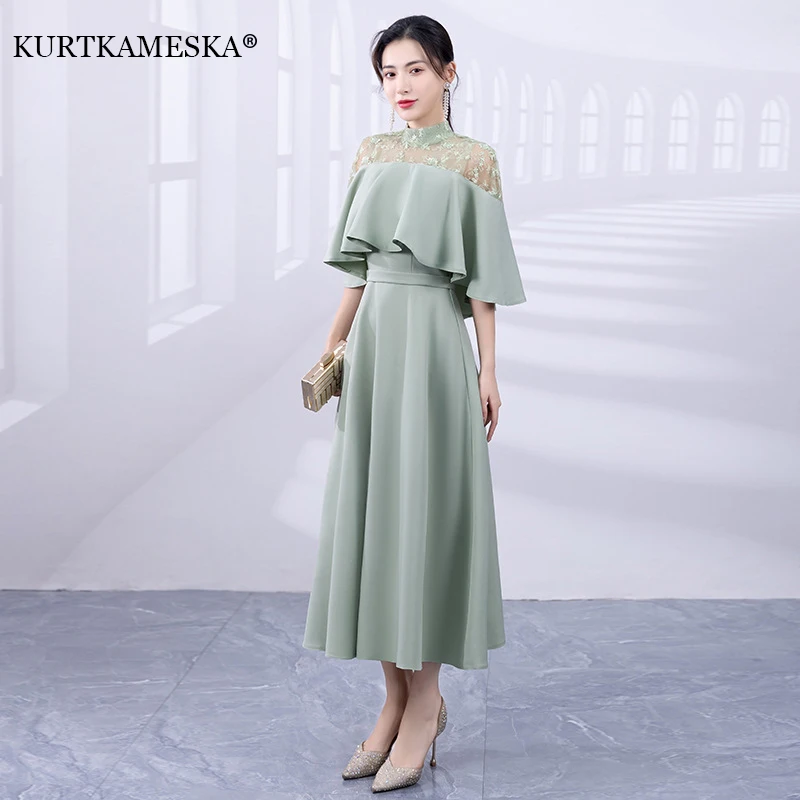 

Elegant New Light Green Evening Dresses Long 2023 Lotus Leaf Sleeve Ever Pretty of A-LINE flower beltbelt Prom Dress Women