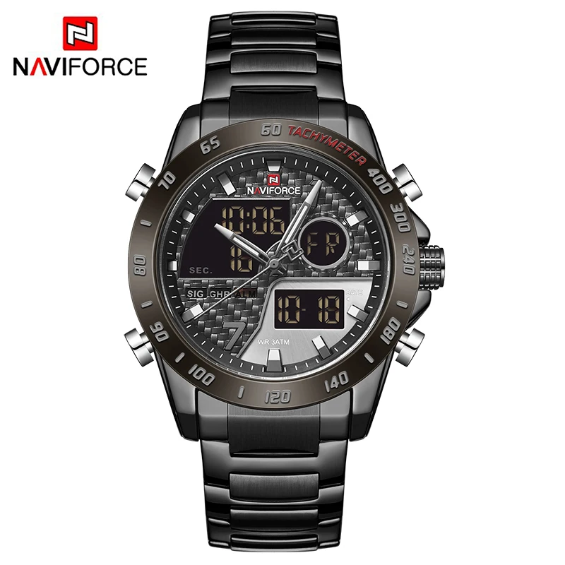 

NAVIFORCE NEW Business Men’s Watches Fashion Steel Strap Waterproof Luminous Led Digital Dual Time Chronograph Alarm Clock Male