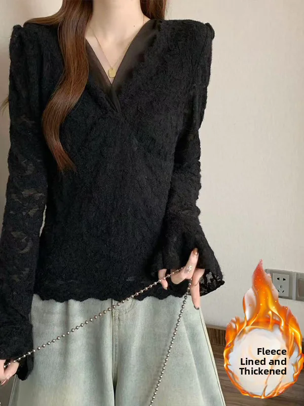 

Women's Fce Lined Thiened Bell Sve under irt V-ne Lace Top Commute Sle Korean Version Slim Fit Warmth Assurance