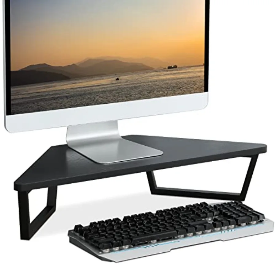 

26 inch Triangle Monitor Stand Riser, Desktop Corner Shelf with Metal Leg Wood Computer Stand with Storage Laptop Riser Office