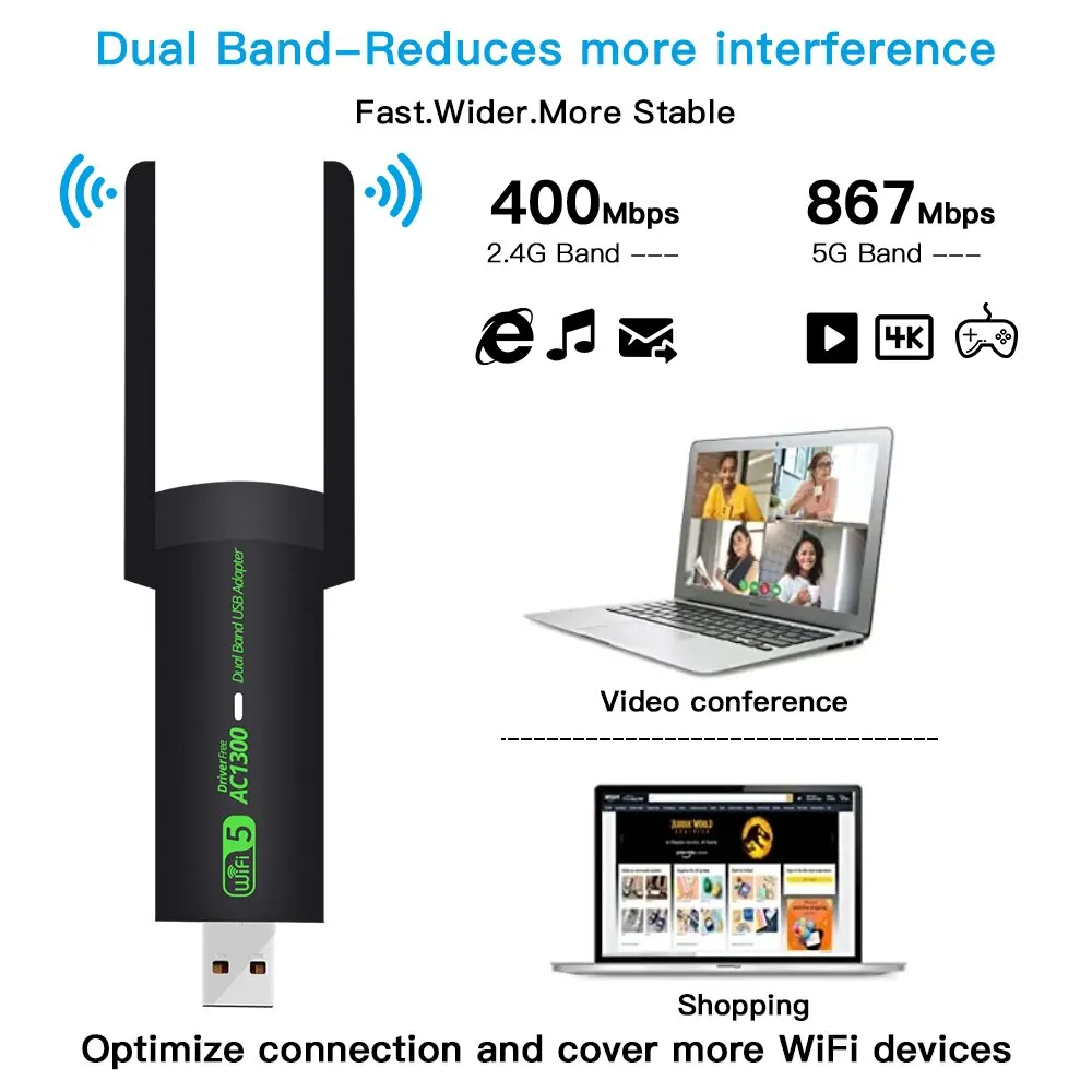 1300Mbps WiFi USB Adapter Dual Band 2.4G/5Ghz Wi-Fi Dongle 802.11AC Powerful Antenna Wireless Receiver For PC/Laptop Driver Free