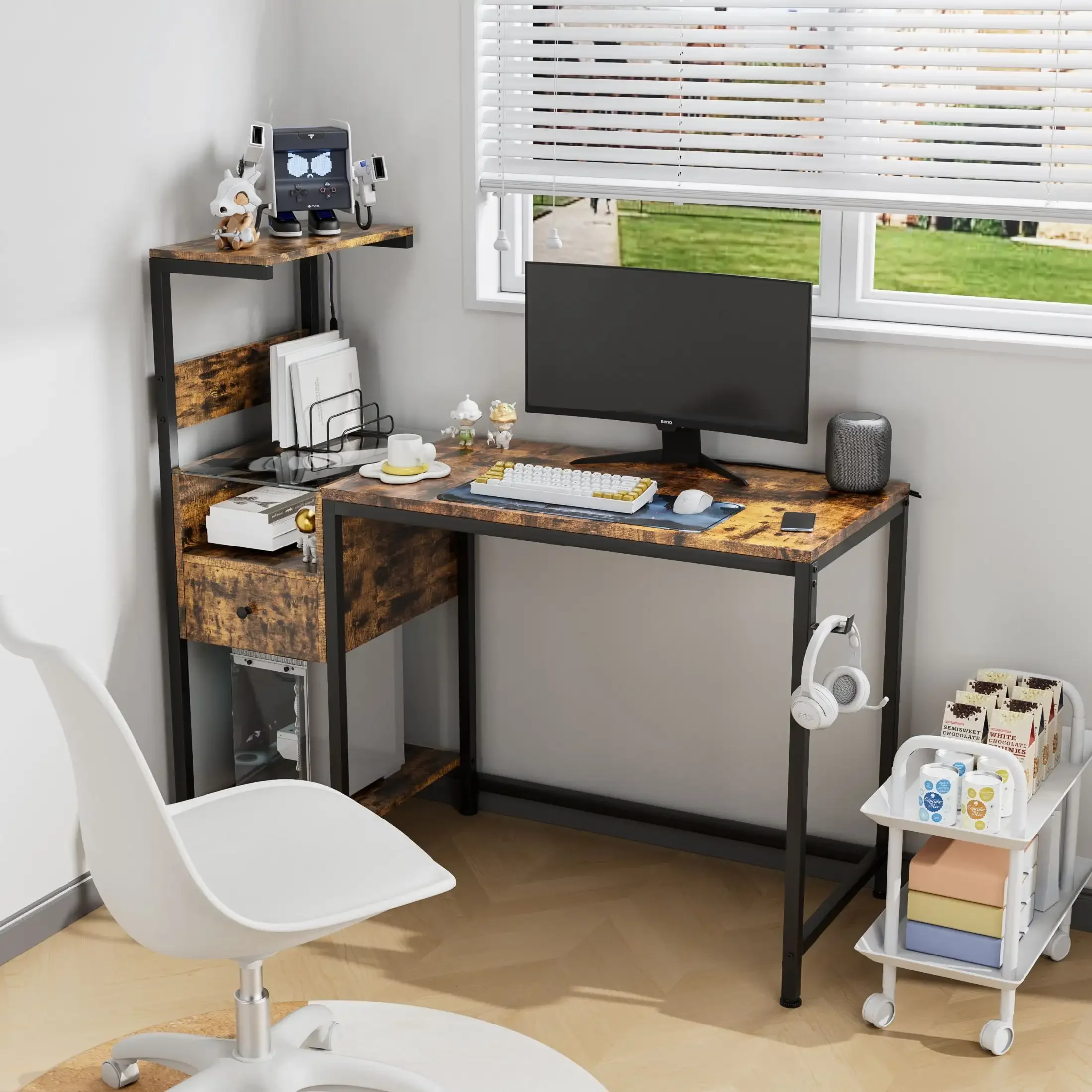 Computer Desk with LED Lights, Gaming Desk with Reversible Shelves and Charging Station, Rustic Brown