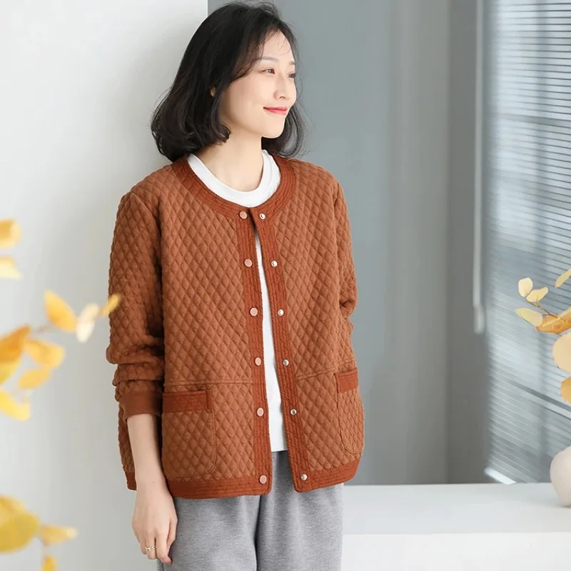 

Casual Jacket Women's 2025 New Autumn Style Literary Rhombus Cardigan Top Loose Round Neck Baseball Uniform