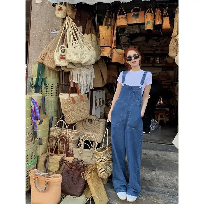 2023 Women's Overalls Blue Denim Jeans Long Pants Suspender Jumpsuit Trousers Summer Autumn Vacation Outfit Y2k Clothes