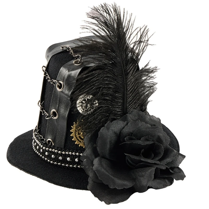 

Elegant Chain Embellished Felted Hair Clip Dramatic Velvets Hat Clip Clockwork for Halloween Event 15UB