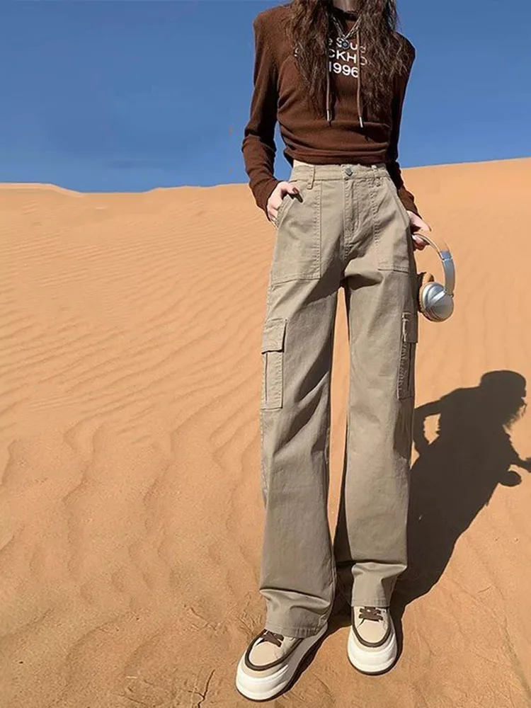 2025 가을 겨울 신상 하이웨이스트 아메리칸 스트레이트 와이드 레그 카고 팬츠 여성 패션 스트릿 진