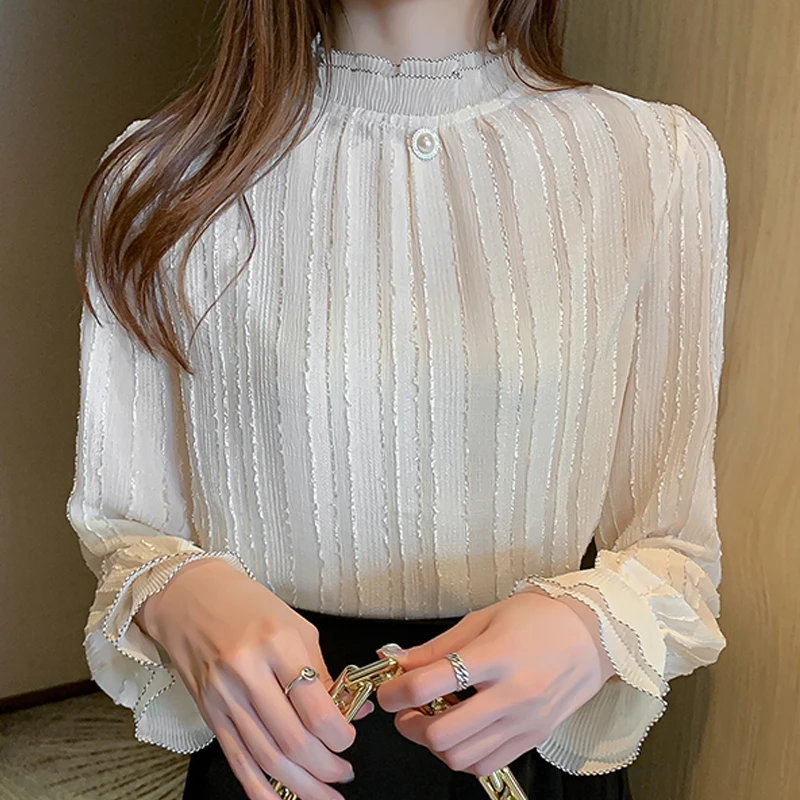 Autumn Women Stand Collar Lace Chiffon Blouse Shirt Tops Long Sleeve Blouse Women Blusas Mujer De Moda 2024 Blouses Female E127