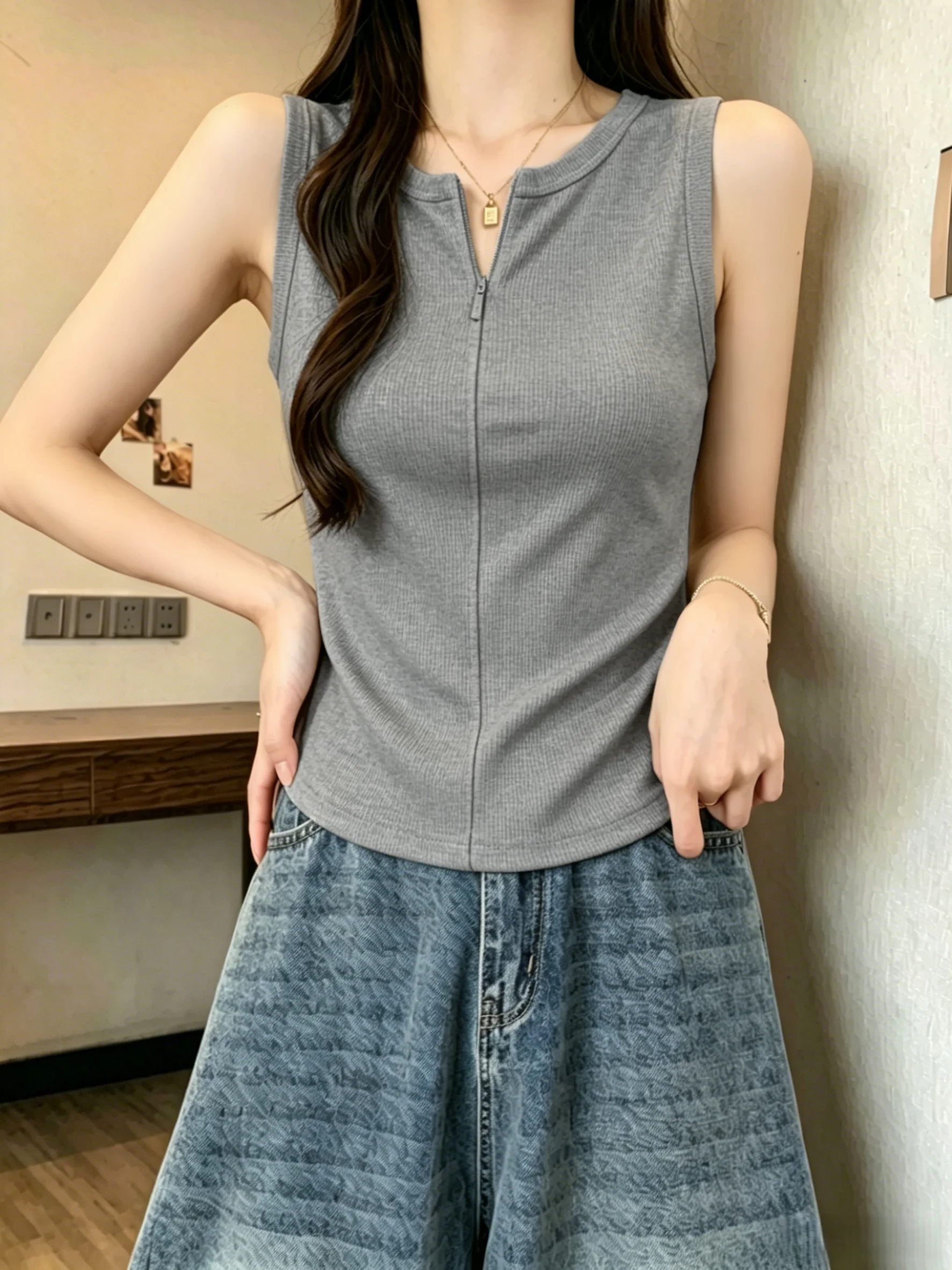 Summer Women's Sleeveless Tank Top 95% Cotton Half Zipper Waist Cinching Slimming Outerwear Innerwear Big Size Clothing