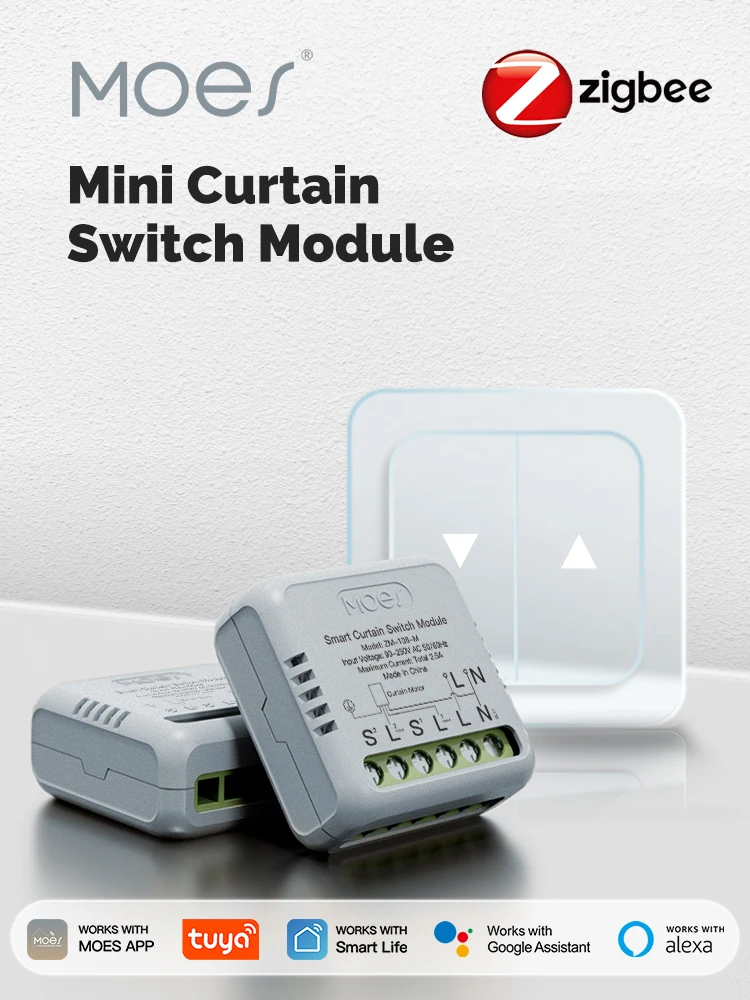MOES Smart Vorhangschalter WiFi/ZigBee Modul - Tuya Rocker Reset Kompatibel, App & Fernbedienung für Alexa/Google Home
