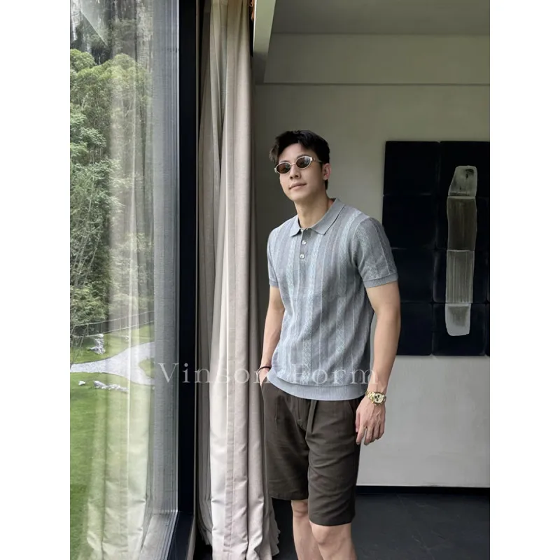 2026 Summer New Style Men's Old Money Style Open-Back Silk Knitted Sweater with Colorful Texture Polo Shirt Short Sleeve — купить у AliExpress WW