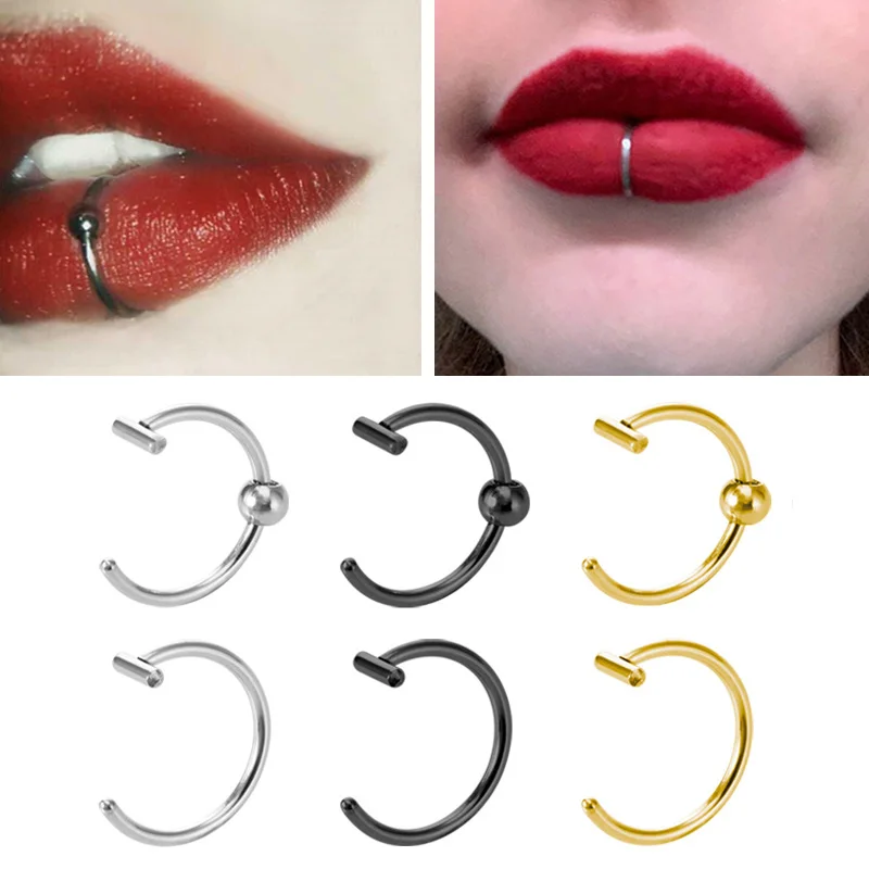 1pc Stainless Steel Lip Ring Fake Piercing Nose Wrap Septum Piercing Clip on Mouth Non Piercing Punk Hoop Earring Body Jewelry