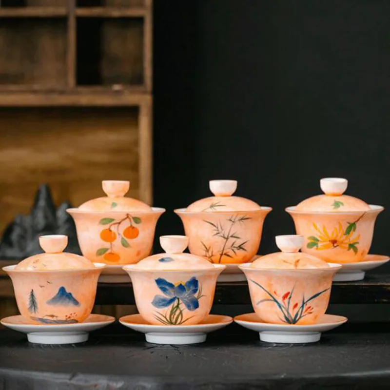 Handpainted Pastel Floral Pattern Tea Tureen Persimmon Sancai Gaiwan Kungfu Cup Tea Maker Cover Bowl Chinese Teaware Set