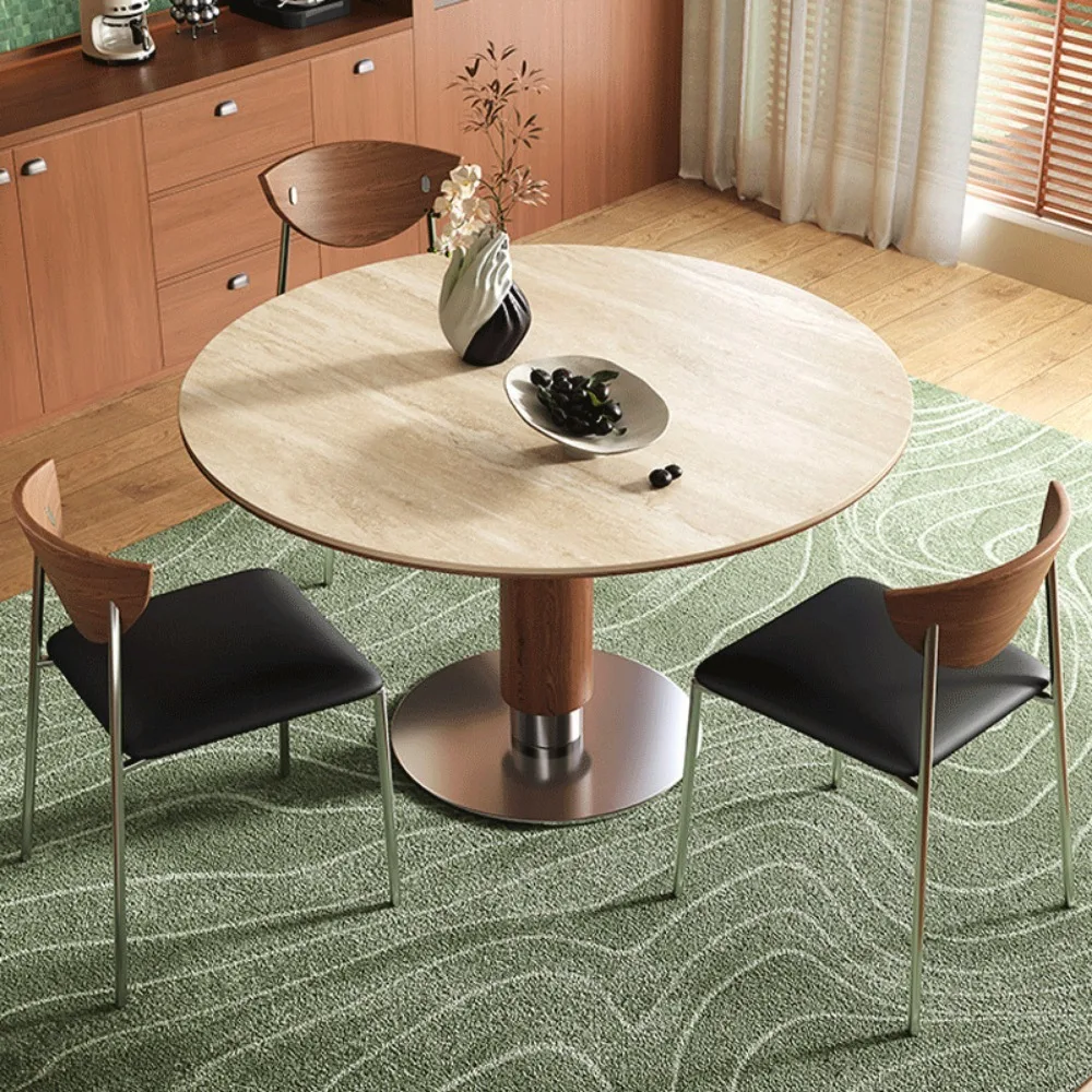 Mid‑Century Round Dining Table, Travertine Stone Desktop, Solid Wood Base, Compact Dining Set for Household Negotiation