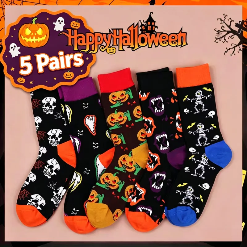 5 Pairs/Lot Halloween Weird Skull Ghost Pumpkin Print Socks Festival Party Cosplay Costume Mid Calf Socks Unisex Novelty Socks