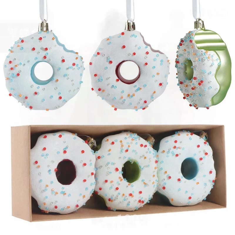 

3PC Special-Shaped Donut Christmas Balls Dessert Hanging Decorations Electroplated Matte Finish for Christmas Tree Decoration