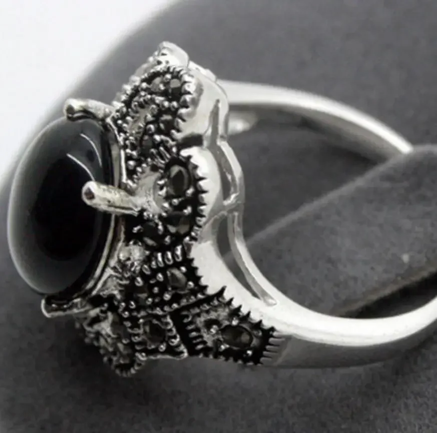 

Fashion jewelry PRETTY NATURAL BLACK 2017 925 STERLING SILVER MARCASITE RING SIZE 7/8/9/10 -Bride jewelry