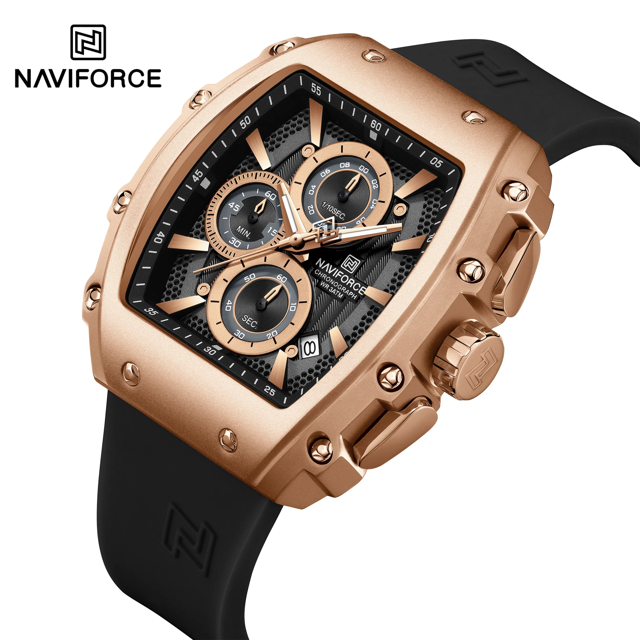 NAVIFORCE Men Sport Waterproof Quartz Watch Luxury Barrel-Shaped Steel Band Alloy Dial Casual Couple Luminous Wristwatch NF8070