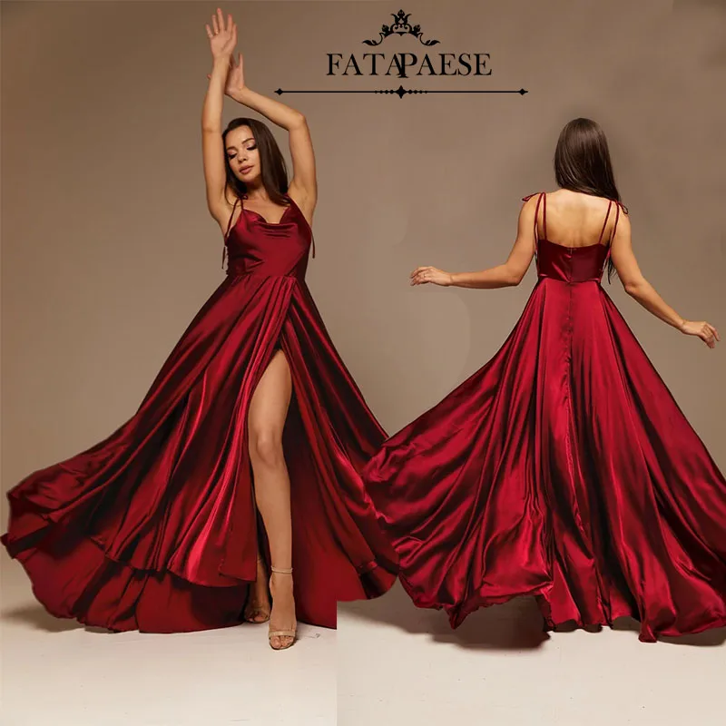 FATAPAESE Burgundy Satin Maxi Flared Dress with Hign Slit  Bridesmaid Dress Open Back A Line Wedding Evening Gown with Train
