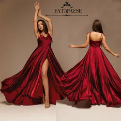 FATAPAESE Burgundy Satin Maxi Flared Dress with Hign Slit Sexy Bridesmaid Dress Open Back A Line Wedding Evening Gown with Train