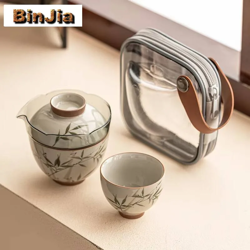 

Hand-painted Emerald Bamboo Travel Tea Set Kit Aesthetic 1 Pot 1/2 Cups Tea Making Organizer Portable Picnic Handbag Cafes Gift