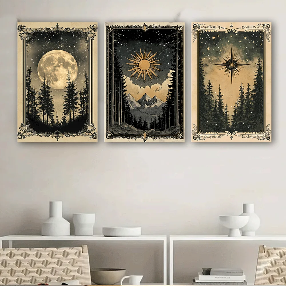 （NoFranme 3PCS）-2D Flat, 2D Flat, Set of 3 Vintage Astrology Canvas Prints, Measuring 15.7X23.6 Inches, Featuring Sky And For